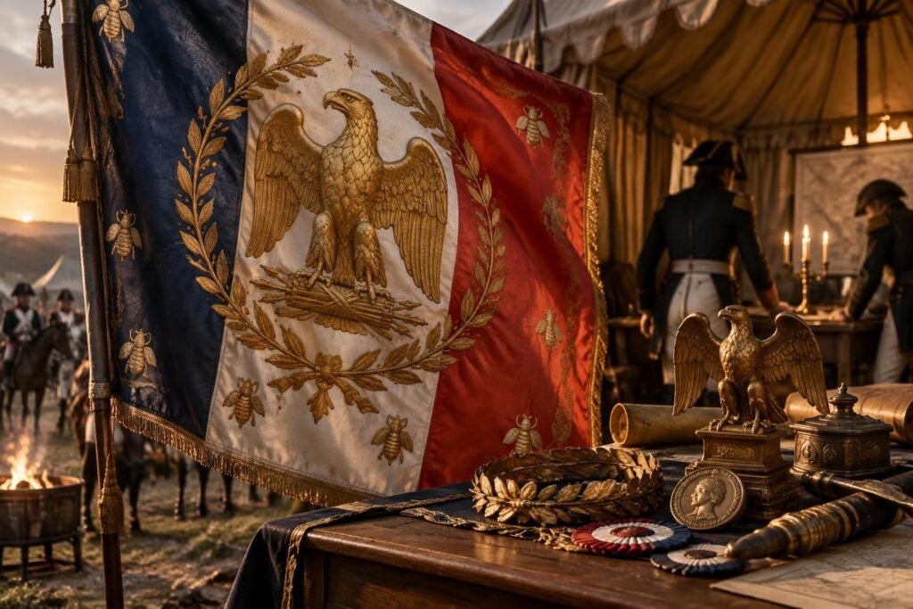 Drapeau napoléonien et emblèmes de l’Empire napoléonien